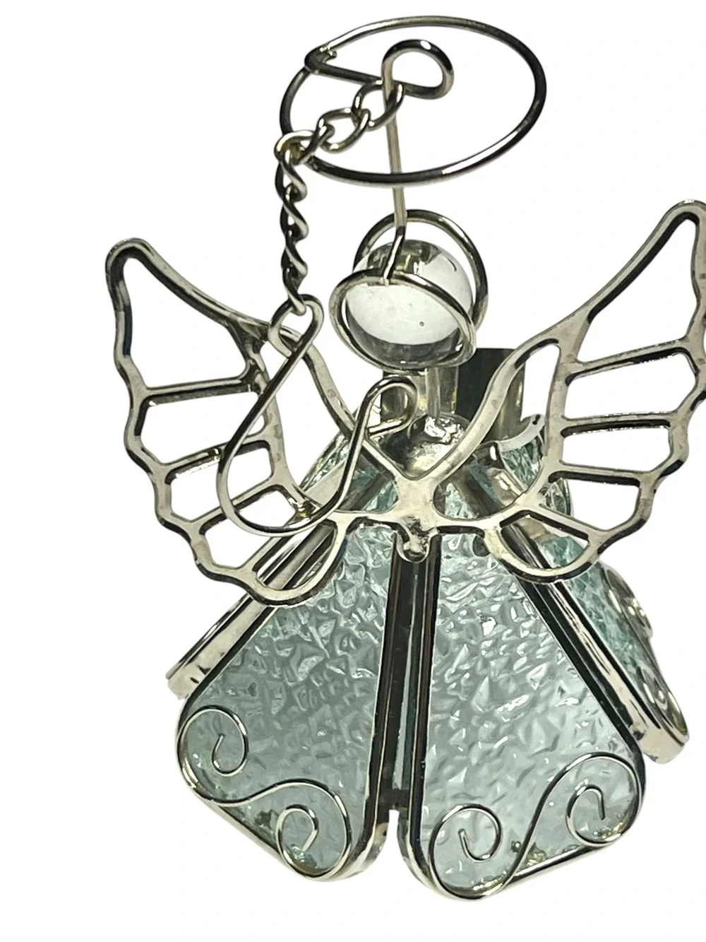 Vtg Silver Textured Glass Chior Angel Christmas Ornament Singing 4”+Hanger/chain
